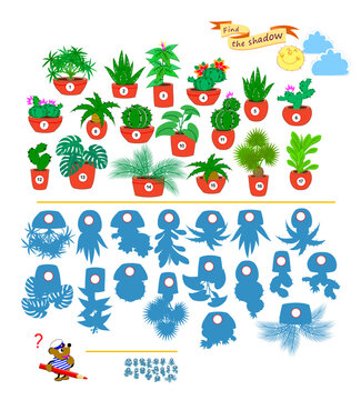 Can you find the shadow of each flower pot? Write the numbers in circles. Best puzzles for kids. Educational game for children. Task for attentiveness. Game Seek and Find. Hand drawn vector image.