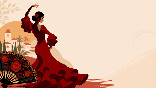 A vibrant illustration of a flamenco dancer in a flowing red dress, with a traditional Spanish fan and village in the background.