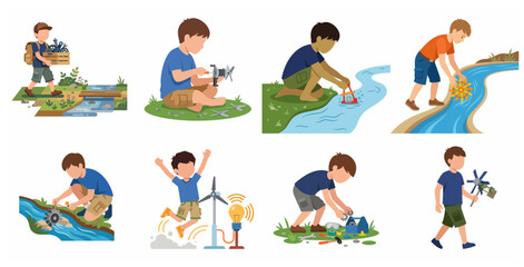 Fototapeta premium Little boy experimenting with renewable energy projects including water wheels and wind turbines, STEM education and sustainability concept for kids.