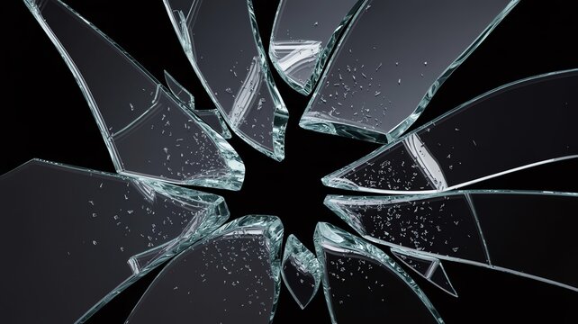 Broken shattered glass shards exploding from center point isolated on dark black background for graphic design