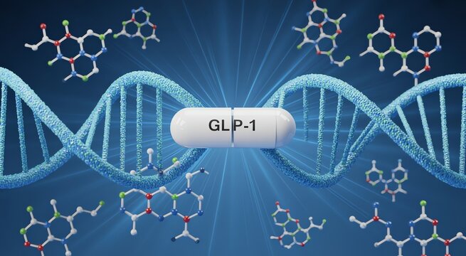 GLP-1 medical pill capsule for weight loss and diabetes treatment with DNA helix and molecules.