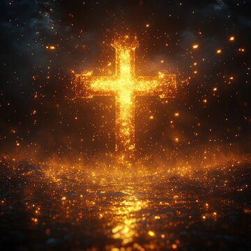A radiant cross shines brightly against dark clouds reflecting in calm water below