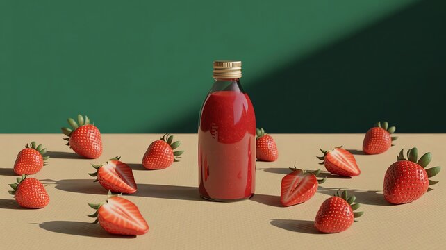 Fresh Strawberry Juice In Glass Bottle Surrounded By Ripe Berries On Minimal Green Beige Background
