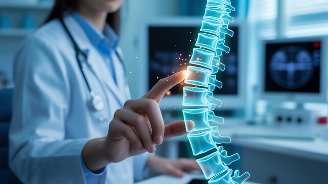 Female doctor points at a glowing digital spine hologram for orthopedic medical diagnosis and healthcare technology