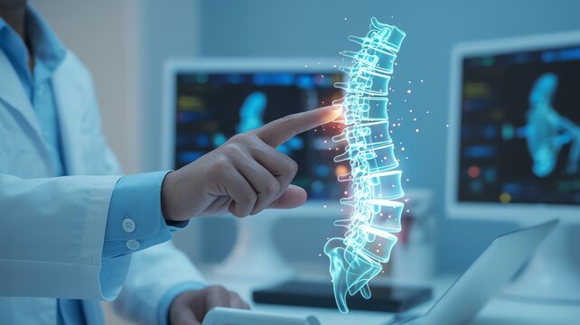 Medical doctor pointing at digital human spine hologram for orthopedic diagnosis and advanced futuristic healthcare technology.