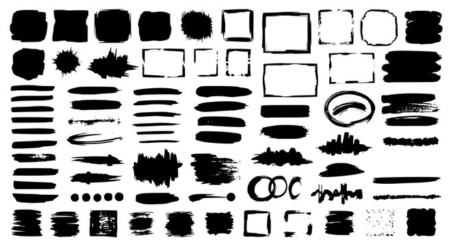 Paint brush strokes. Black vector rough edge rectangles. Grunge square frames set. Jagged edge torn paper background collection. Grungy distressed text boxes. JPEG version.