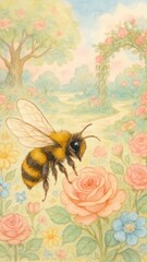 Fototapeta premium Whimsical bee garden mobile wallpaper