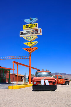 Route 66 Antares Point signs and vintage 1961 Ford F600 Fire truck.