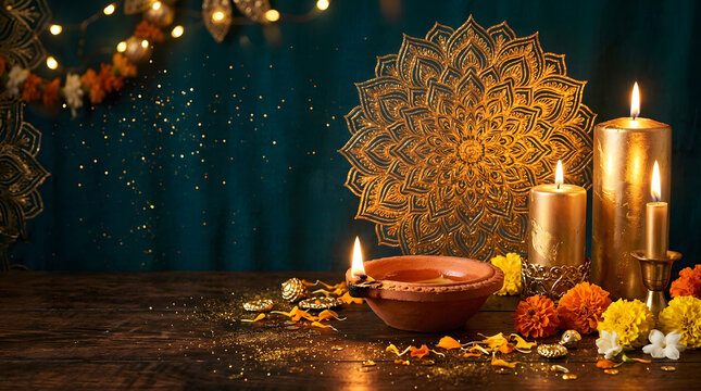 A beautiful festive diwali background featuring traditional clay oil lamps golden candles marigold flowers and intricate mandala patterns on a dark wooden table