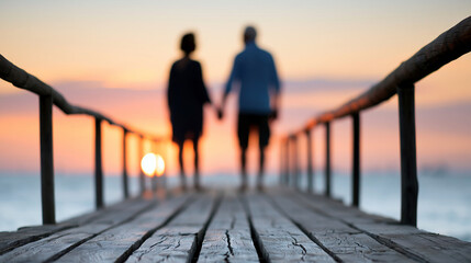 Fototapeta premium Silhouette of senior couple walking down foot bridge at the beach, romantic retirement lifestyle concept, defocused shoreline, with copy space