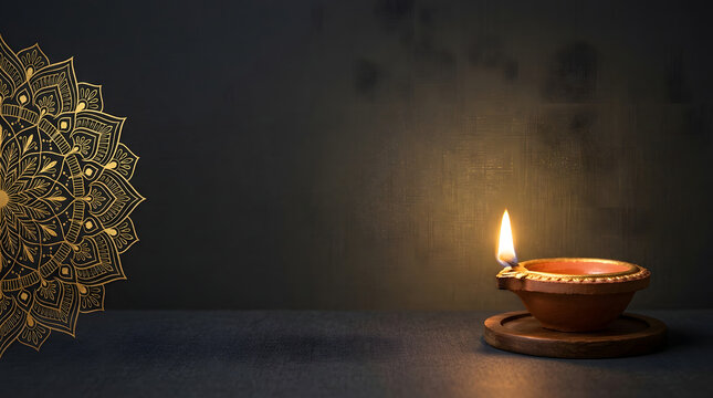 Elegant diwali background featuring a glowing traditional clay oil lamp and intricate golden mandala pattern on a dark textured surface for festive celebrations