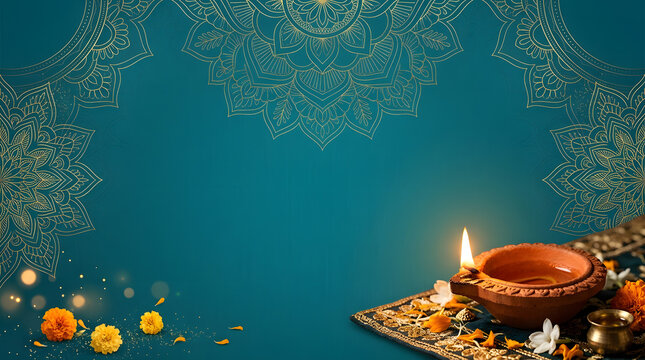 Elegant teal diwali background featuring a traditional glowing oil lamp with golden mandala patterns and marigold flowers for the indian festival celebration