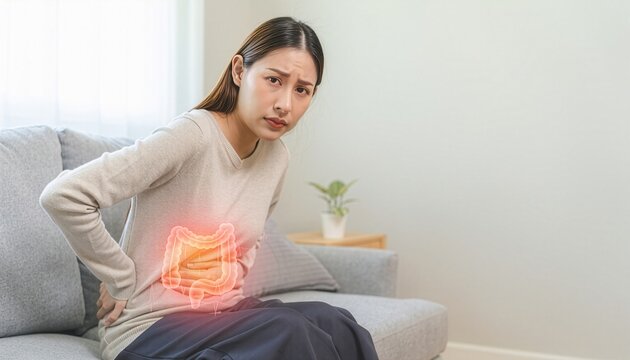 Young Asian woman holding her painful stomach while sitting on sofa with glowing intestine graphic indicating digestive issue, ibs discomfort, colon inflammation, abdominal ache
