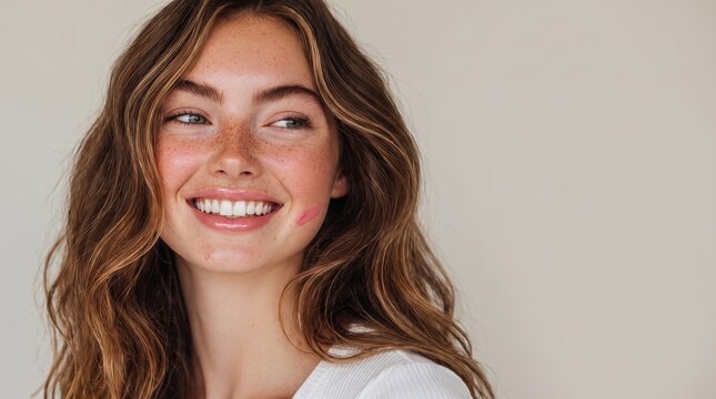 Young smiling woman with freckles displaying a lipstick kiss mark on her cheek, beauty portrait, natural skin care, romantic feeling