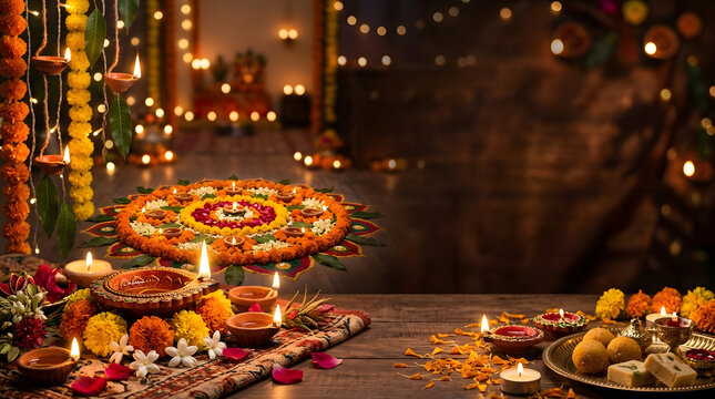 A beautiful festive diwali background featuring traditional clay oil lamps rangoli patterns marigold flowers and delicious indian sweets on a wooden table surface
