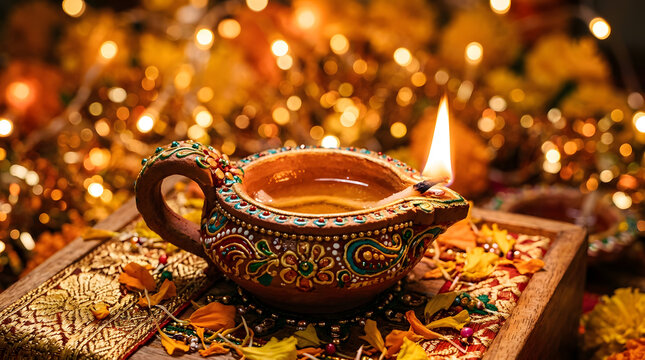 A beautiful traditional clay diya lamp glowing with warm light on a decorated wooden surface creating a festive diwali background for celebrations