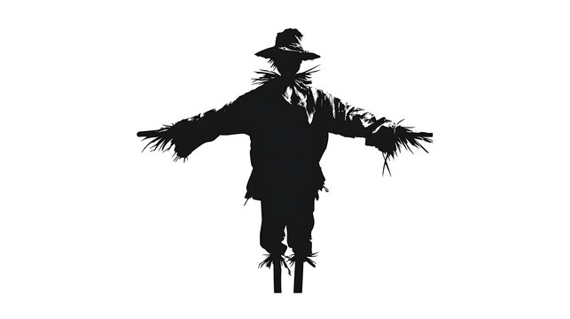 Silhouette of a scarecrow in a wide-brimmed hat with outstretched arms, standing in a field. The scarecrow is made of straw and cloth, with a burlap sack head and tattered clothing