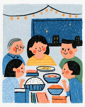 a multi-generational indonesian family shares a meal together at night