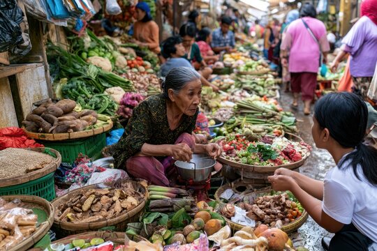 an elderly woman sells fresh produce at a bustling traditional morning market