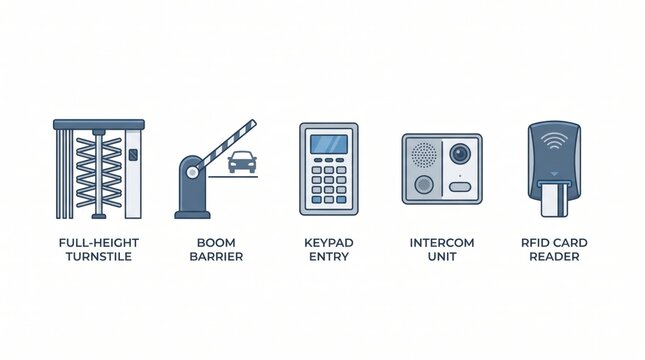 Security access control system components displayed in a row for understanding and reference on site
