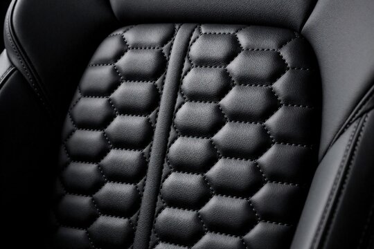 Black leather car features hexagonal quilting pattern. Close-up view of textured upholstery inside luxury vehicle. High-quality auto interior detail.