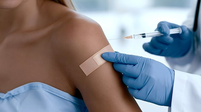Person receiving flu shot vaccine with bandage on arm
