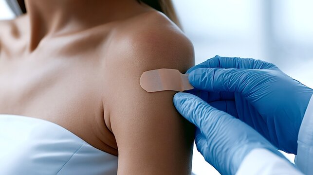 Doctor applying bandage after patient vaccination injection