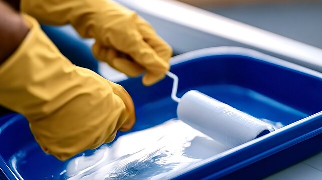 Person wearing yellow gloves dipping paint roller in tray