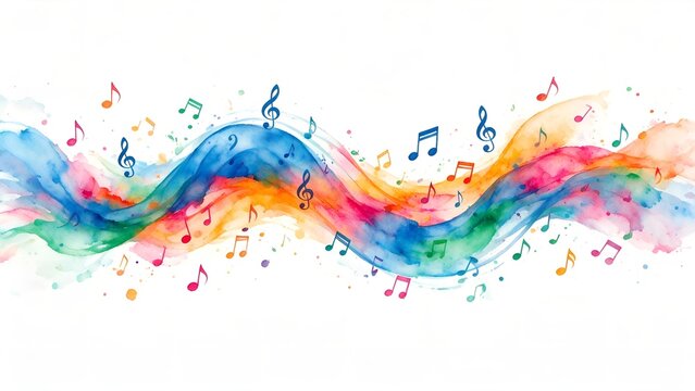 Vibrant watercolor waves flow horizontally across a white background with floating musical notes depicting rhythmic melodies in a bright spectrum of rainbow colors and artistic style.