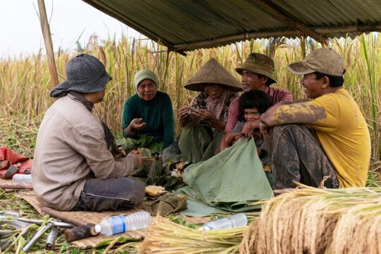 group of indonesian rice farmers resting under a shelter in a field