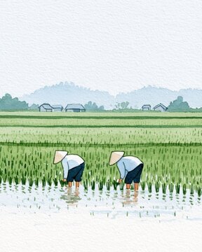 two indonesian farmers in traditional hats planting rice in a green paddy field with mountains in background
