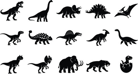 Dinosaur and Prehistoric Animal Silhouette Icon Set Featuring Tyrannosaurus Rex, Triceratops, Stegosaurus, Mammoth, and Sabertooth Tiger Graphics for Museum and Education Designs © Himu 