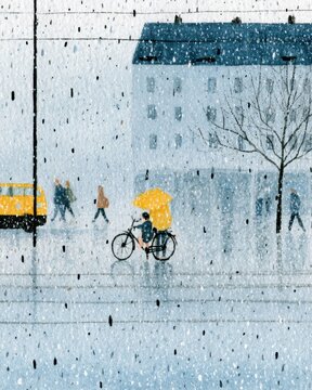 illustrative scene of people and a cyclist with a yellow umbrella on a rainy dutch street