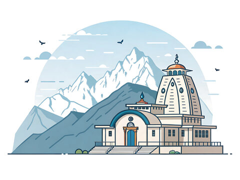 Kedarnath Temple with Himalayan backdrop  Minimal vector illustration