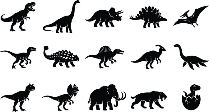 Dinosaur and Prehistoric Animal Silhouette Icon Set Featuring Tyrannosaurus Rex, Triceratops, Stegosaurus, Mammoth, and Sabertooth Tiger Graphics for Museum and Education Designs