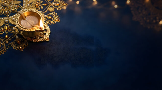 A beautiful festive diwali background featuring a glowing traditional oil lamp with ornate golden patterns on a dark blue textured copy space surface