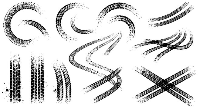 Tire tread marks after skidding, launch, drift, powerslide in motorsport, rally, off-road, motocross. Wheel texture with splash effect. Vector, JPEG version.