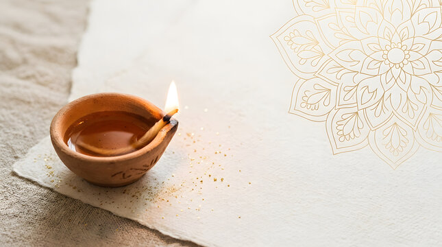 A beautiful glowing clay diya lamp placed on textured paper with golden mandala art creating an elegant and festive diwali background design template