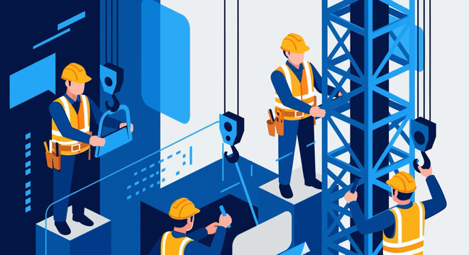 Construction workers on site with equipment and scaffolding in modern flat design