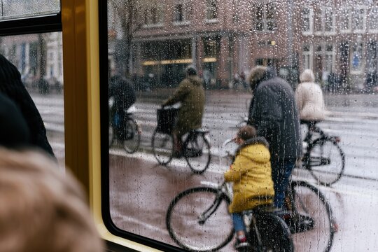 people riding bicycles in the rain on a street in the netherlands seen from a window