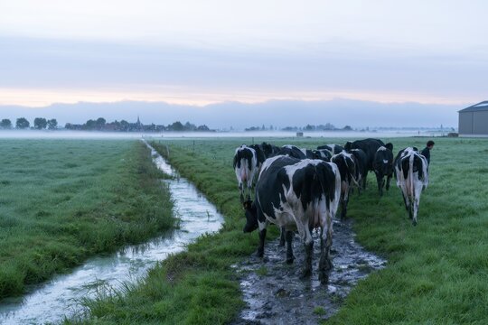 a herd of dairy cows walk along a muddy path next to a water ditch on a misty morning farm