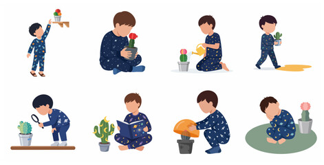 Set of cute vector illustrations of a little boy in space pajamas caring for his potted cactus plants.