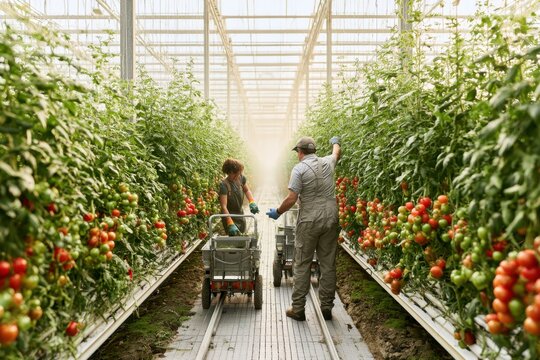 two people working in a large commercial greenhouse harvesting ripe tomatoes