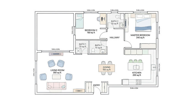 Top down 2d floor plan of a modern residential apartment with living room kitchen and master bedroom