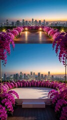 Obraz premium Rooftop wedding stage decorated with purple orchids overlooks city skyline during sunset. Modern terrace platform features elegant floral arrangements for outdoor ceremony. Urban balcony venue offers