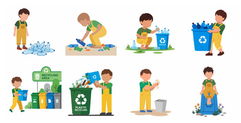 Fototapeta premium Set of flat vector illustrations of a boy collecting, sorting, and recycling plastic bottles for environmental protection and waste management education.