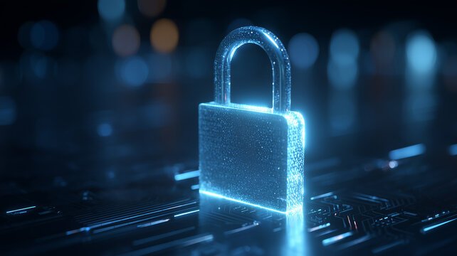 Glowing padlock standing on electronic circuitry represents cybersecurity, encrypted access and digital data protection.
