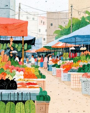vibrant illustration of a bustling indonesian morning market scene with people and fresh produce