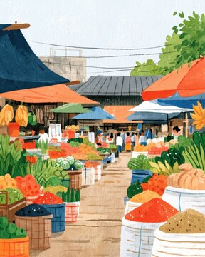 vibrant illustration of a bustling indonesian morning market with stalls full of produce and spices