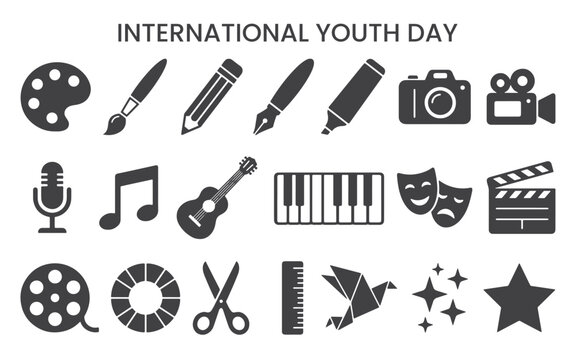 International Youth Day flat icons representing arts music and creativity on a white background
